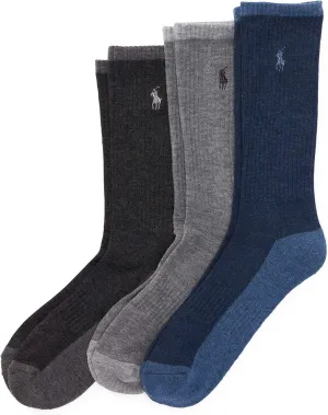 POLO RALPH LAUREN Tri-color Heather Casual Crew Socks - 3 Pair Pack - Arch Support and Comfort Cushioning