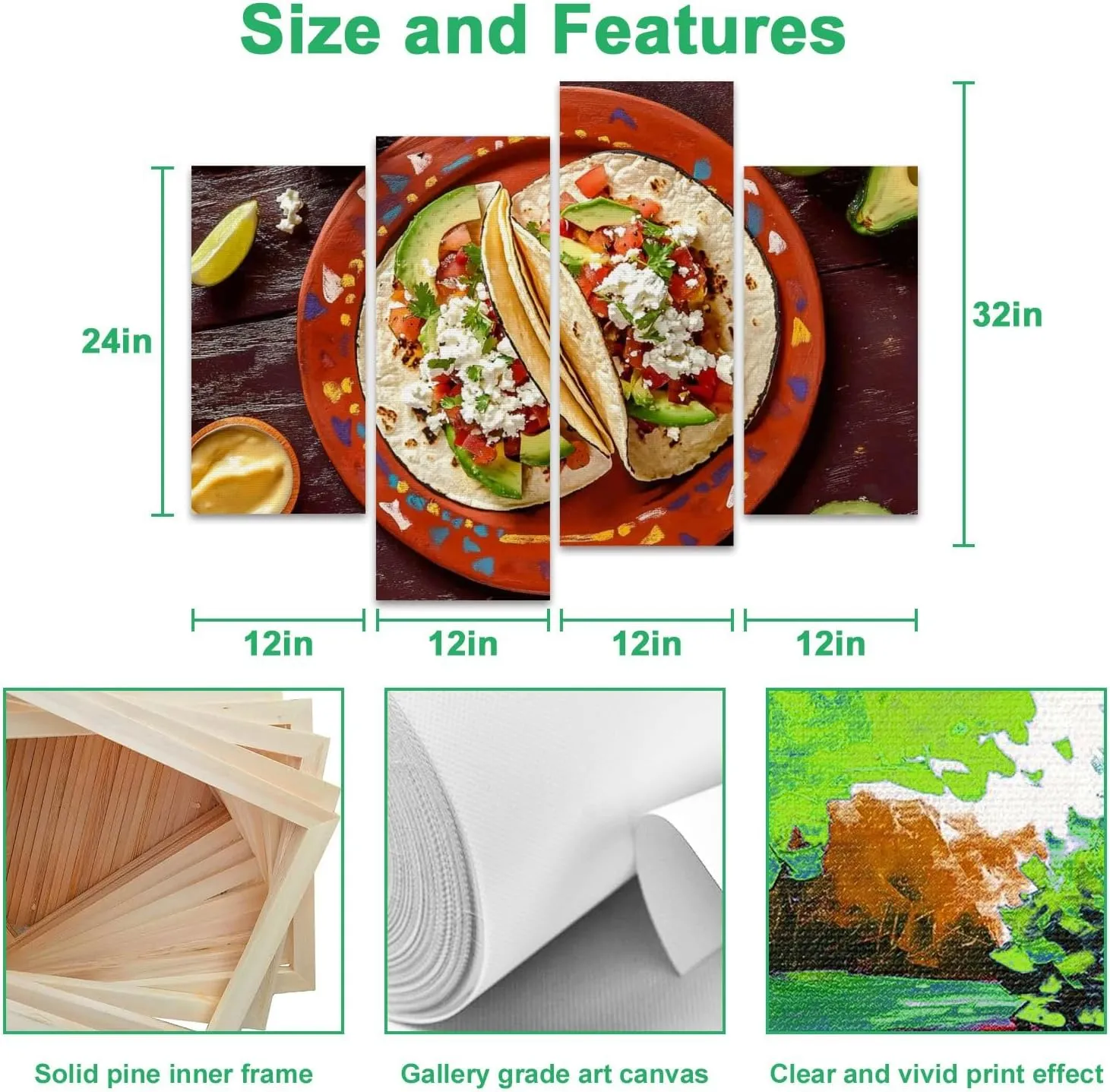 Pork Carnitas Tacos Rustic Slate Ready to be Served Peppers Canvas Prints Wall Decor 4 Pieces Contemporary Framed Artworks for Living Room Bedroom Bathroom Office Home Decoration Gifts