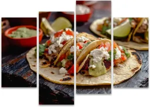 Pork Carnitas Tacos Rustic Slate Ready to be Served Peppers Lime Salsa Canvas Prints Wall Decor 4 Pieces Contemporary Framed Artworks for Living Room Bedroom Bathroom Office Home Decoration Gifts