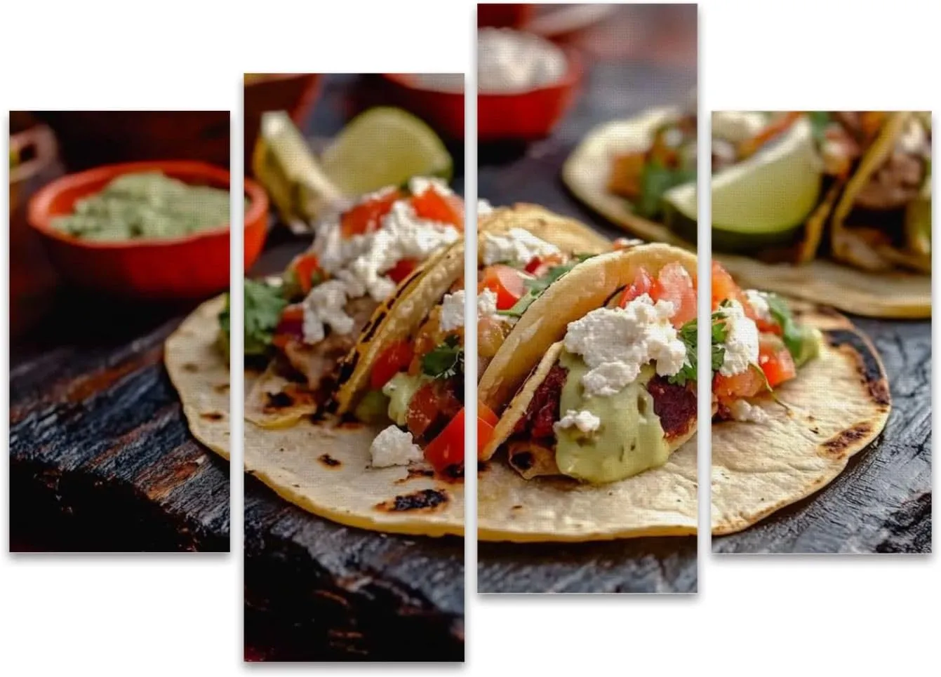 Pork Carnitas Tacos Rustic Slate Ready to be Served Peppers Lime Salsa Canvas Prints Wall Decor 4 Pieces Contemporary Framed Artworks for Living Room Bedroom Bathroom Office Home Decoration Gifts