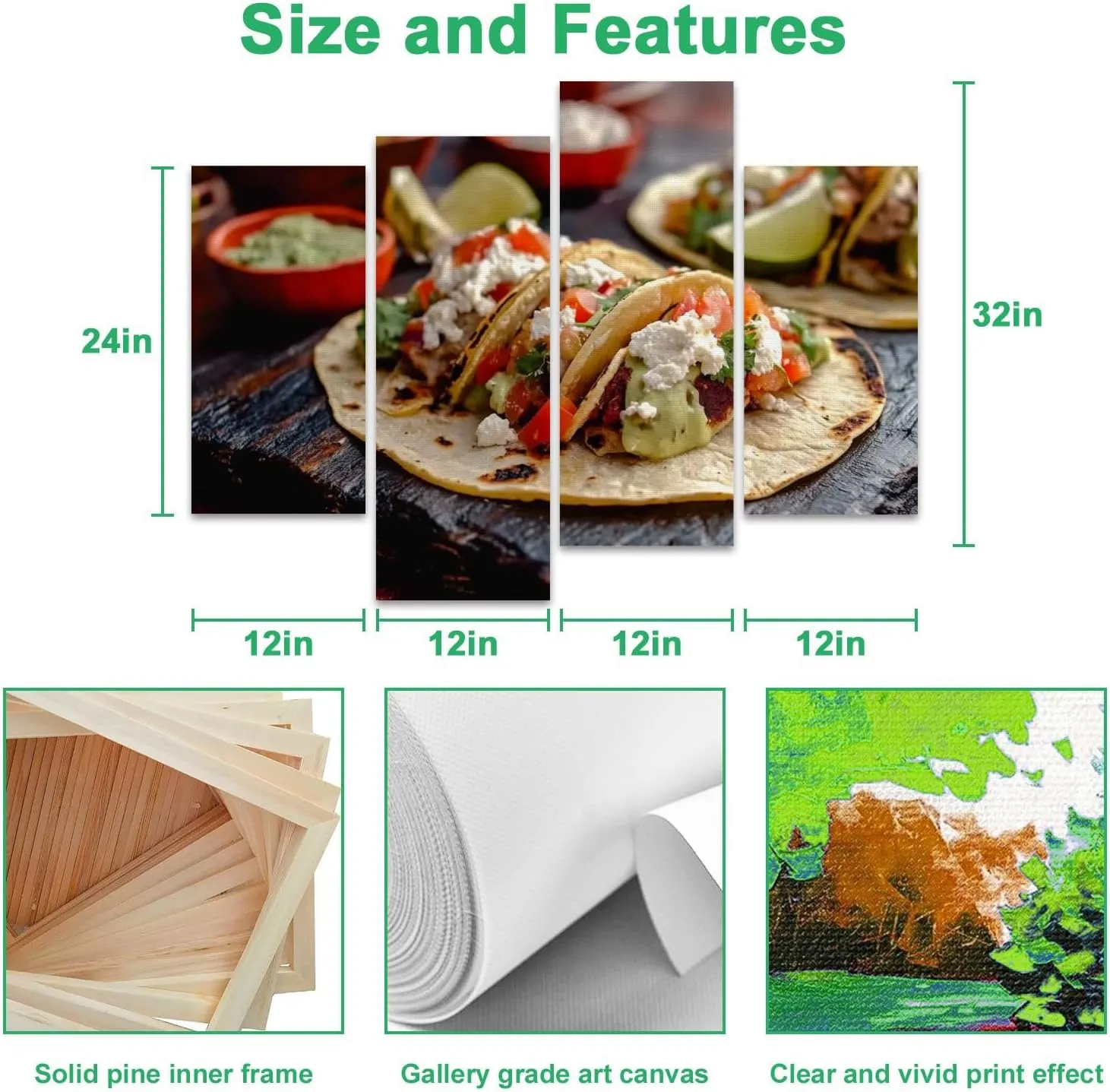 Pork Carnitas Tacos Rustic Slate Ready to be Served Peppers Lime Salsa Canvas Prints Wall Decor 4 Pieces Contemporary Framed Artworks for Living Room Bedroom Bathroom Office Home Decoration Gifts