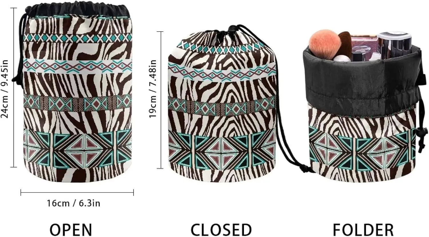 Portable Cosmetic Bag African Aztec Geometry Large Capacity Travel Cosmetic Bags for Women,Make up Case Organizer for Girls,Toiletry Bag for Makeup, Toiletries, Accessories White