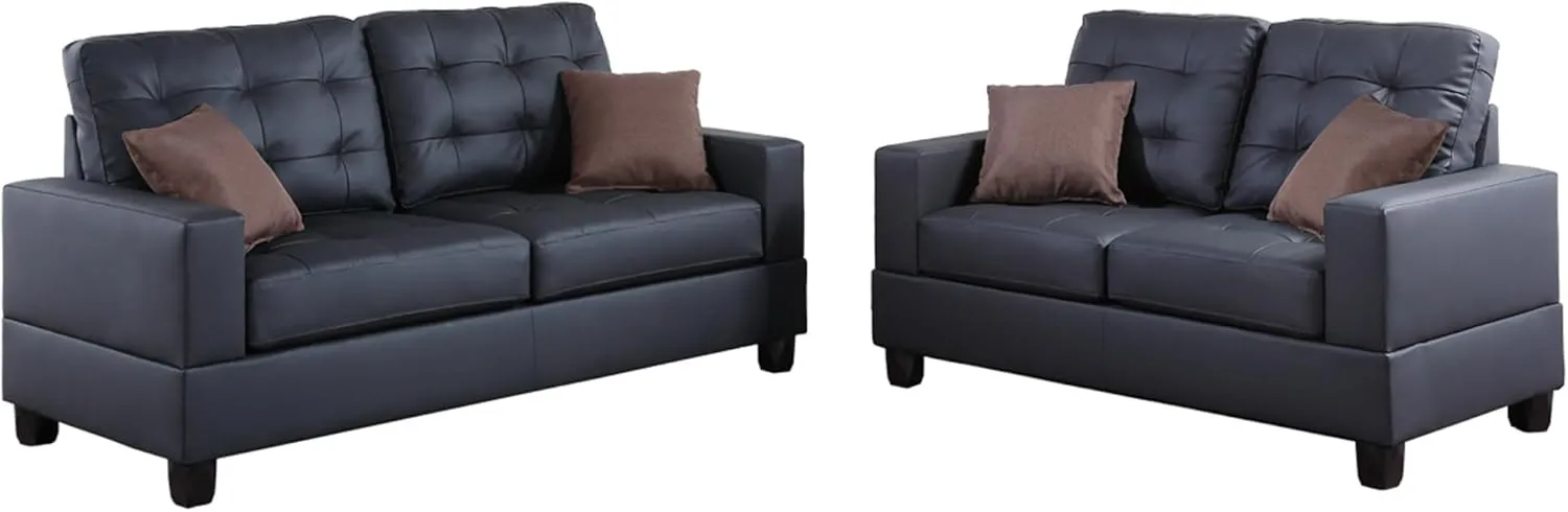 Poundex Bobkona Aria Faux Leather 2 Piece Sofa and Loveseat Set, Black