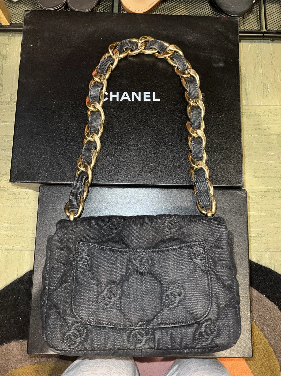 Pre-owned - Chanel Funky Town Flap Bag CC Embossed Quilted Denim Medium New