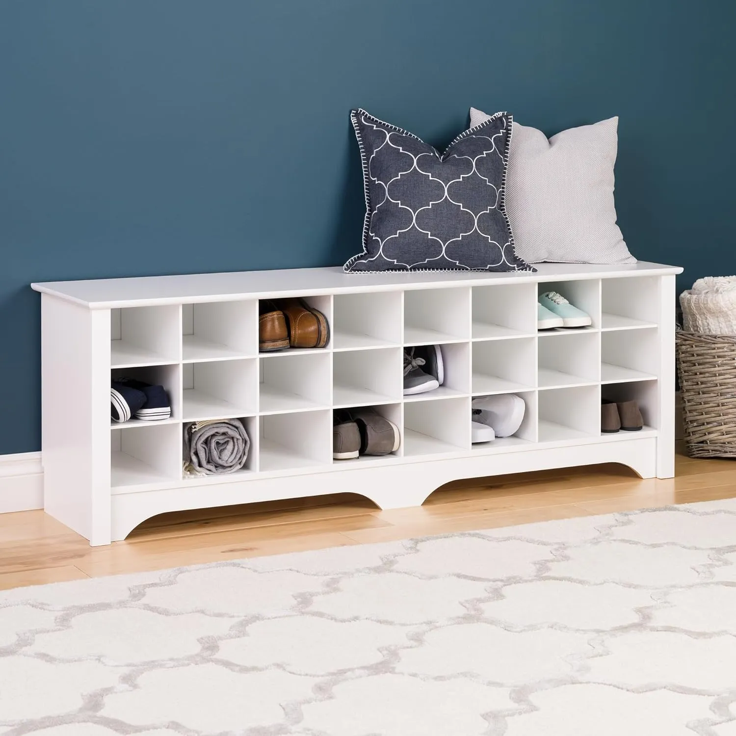 Prepac White Hall Bench with Storage and Seating: 24-Shoe Cubby Bench, Ideal White Shoe Rack for Entryway, Sized 15.5" D x 60" W x 20.25" H