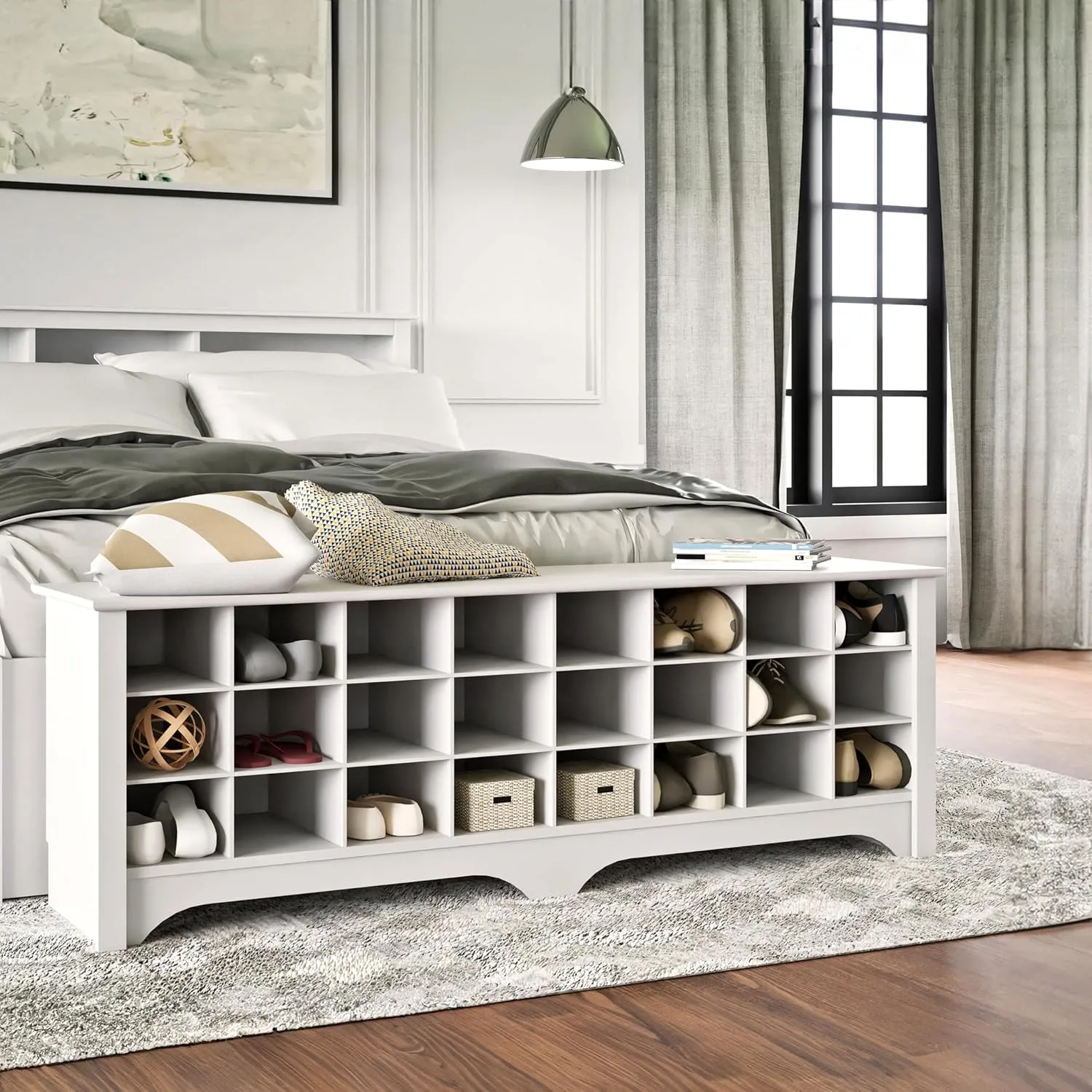 Prepac White Hall Bench with Storage and Seating: 24-Shoe Cubby Bench, Ideal White Shoe Rack for Entryway, Sized 15.5" D x 60" W x 20.25" H