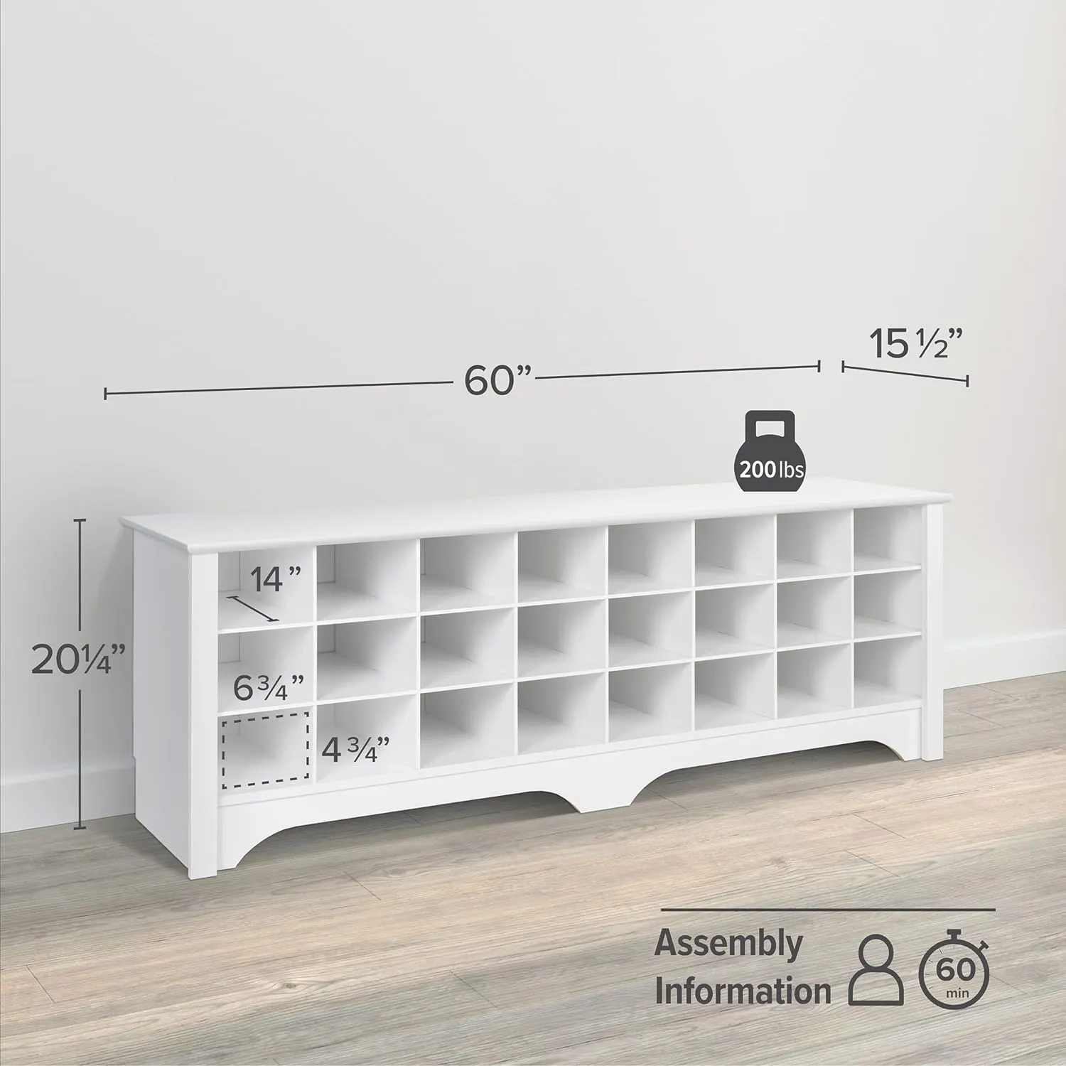 Prepac White Hall Bench with Storage and Seating: 24-Shoe Cubby Bench, Ideal White Shoe Rack for Entryway, Sized 15.5" D x 60" W x 20.25" H