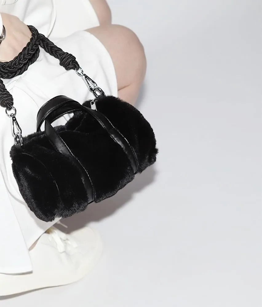 Preppy Fuzzy Boston Bag Women Teen Girls Rope Weaving Top Handle Shoulder Bag Solid Fluffy Handbag Furry Shoulder Bags (Black)