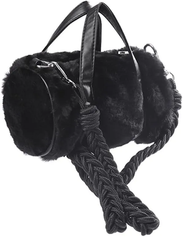 Preppy Fuzzy Boston Bag Women Teen Girls Rope Weaving Top Handle Shoulder Bag Solid Fluffy Handbag Furry Shoulder Bags (Black)