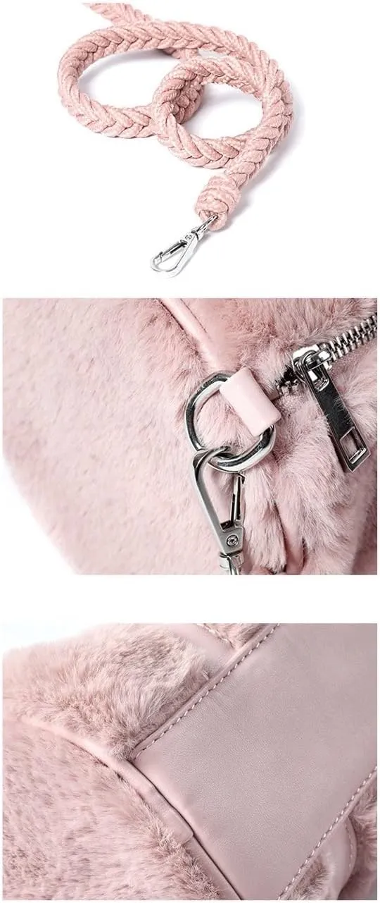 Preppy Fuzzy Boston Bag Women Teen Girls Rope Weaving Top Handle Shoulder Bag Solid Fluffy Handbag Furry Shoulder Bags (Pink)