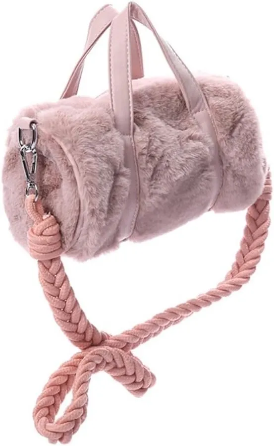 Preppy Fuzzy Boston Bag Women Teen Girls Rope Weaving Top Handle Shoulder Bag Solid Fluffy Handbag Furry Shoulder Bags (Pink)