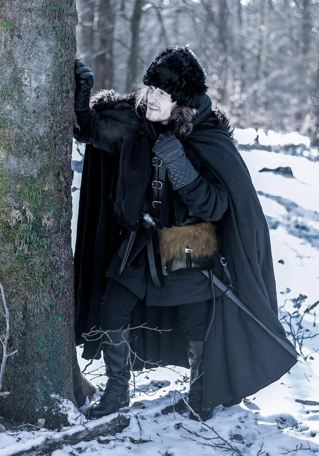 PROCOS Medieval Belt Pouch Fuzzy Bag with Faux Fur Cover Purse Portable Waist Bag Renaissance Cosplay Accessory Festival LARP (1, Black)