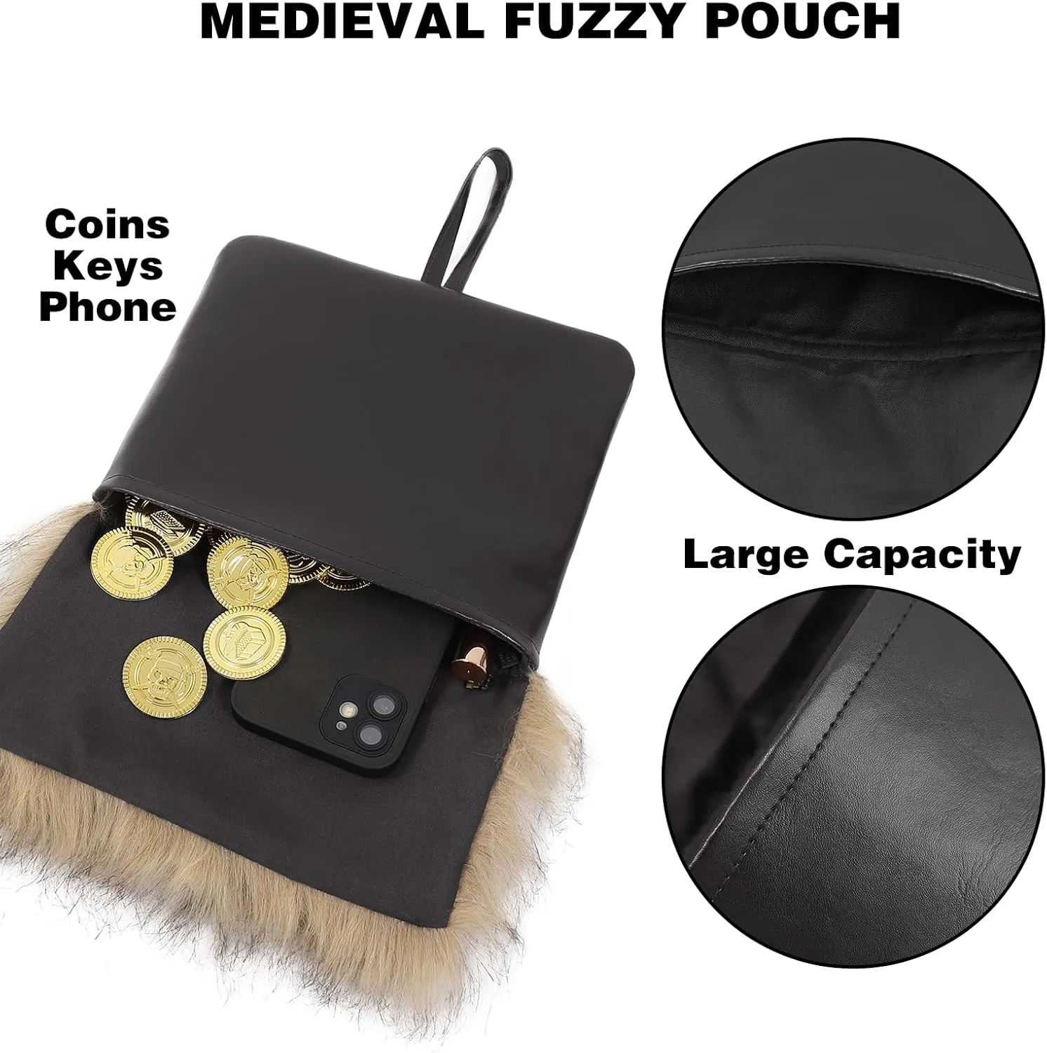 PROCOS Medieval Belt Pouch Fuzzy Bag with Faux Fur Cover Purse Portable Waist Bag Renaissance Cosplay Accessory Festival LARP (1, Black)