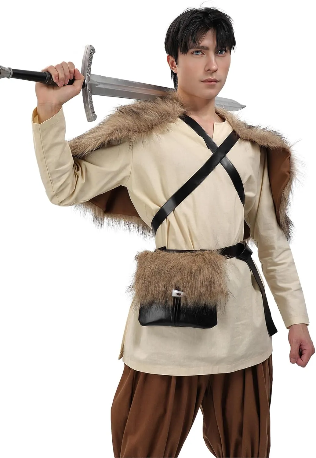 PROCOS Medieval Belt Pouch Fuzzy Bag with Faux Fur Cover Purse Portable Waist Bag Renaissance Cosplay Accessory Festival LARP (1, Black)