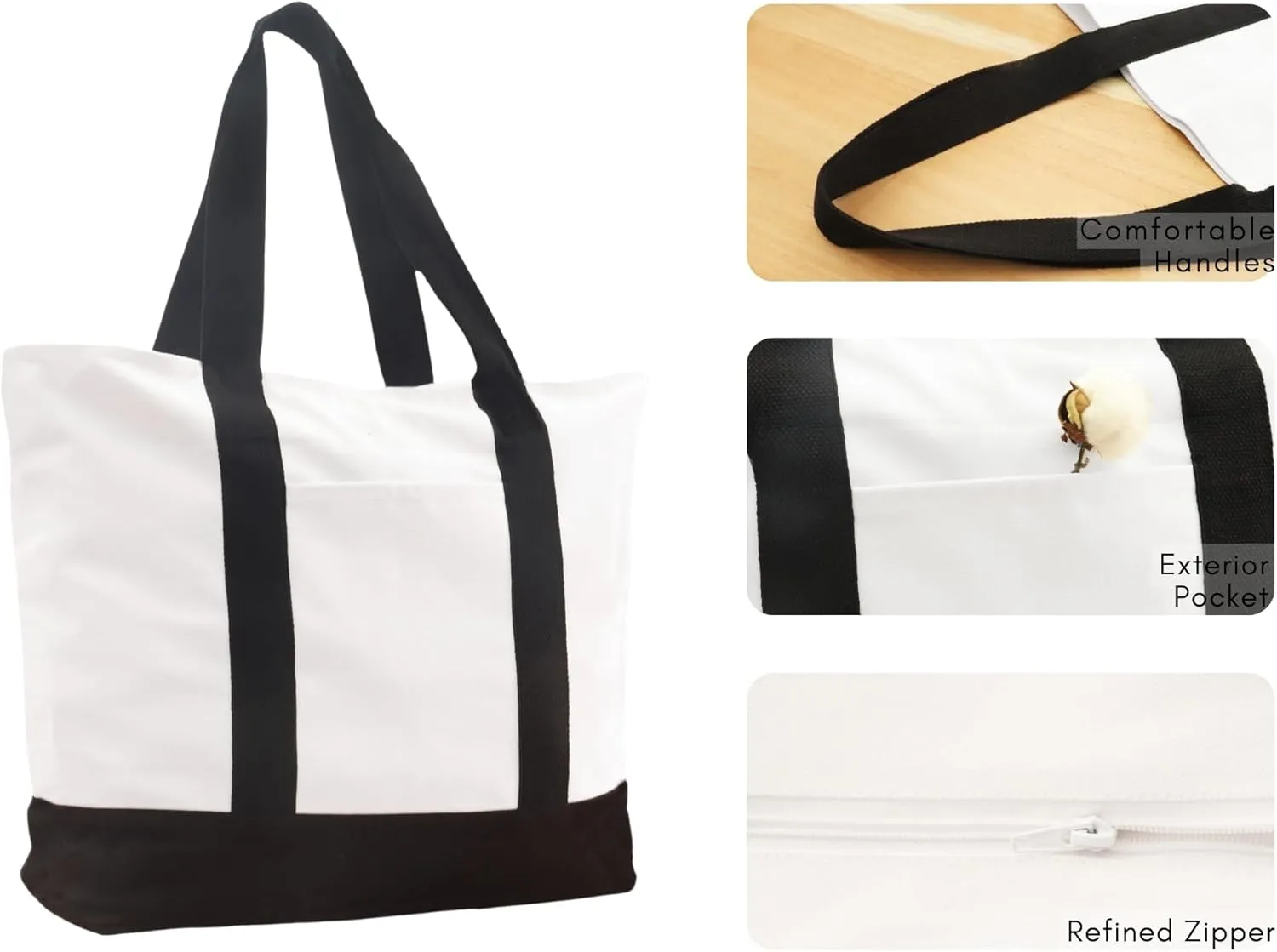 PurpleEssences Heavy Duty Canvas Tote Bag with External Pocket and Top Zipper Closure, Ideal for Women Daily Essentials