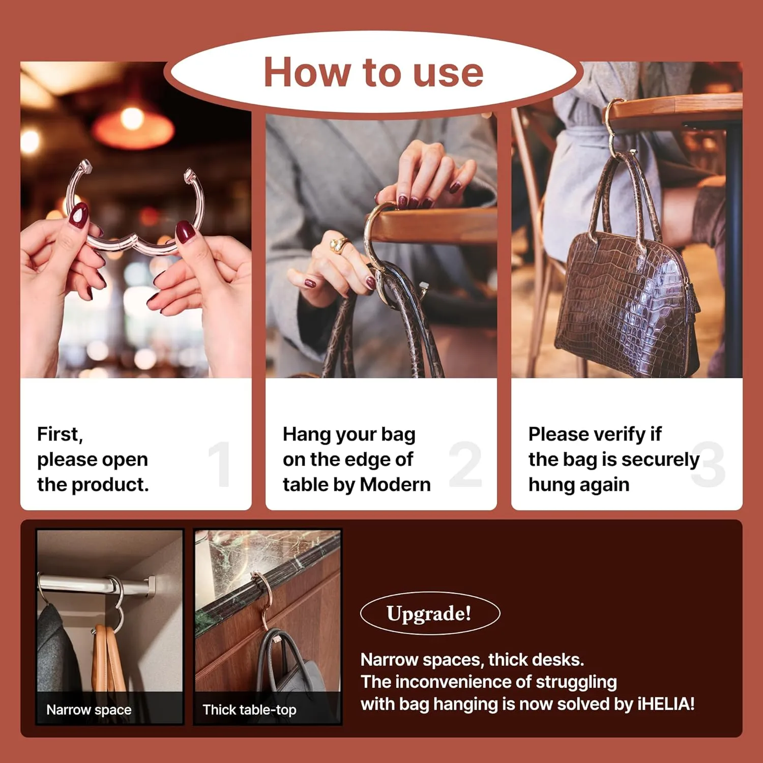 Purse Hook Hanger for Table (Signature) - Premium Bag Holder w/ 90, 180 Degree Rotatable Function Design (Champagne Gold)