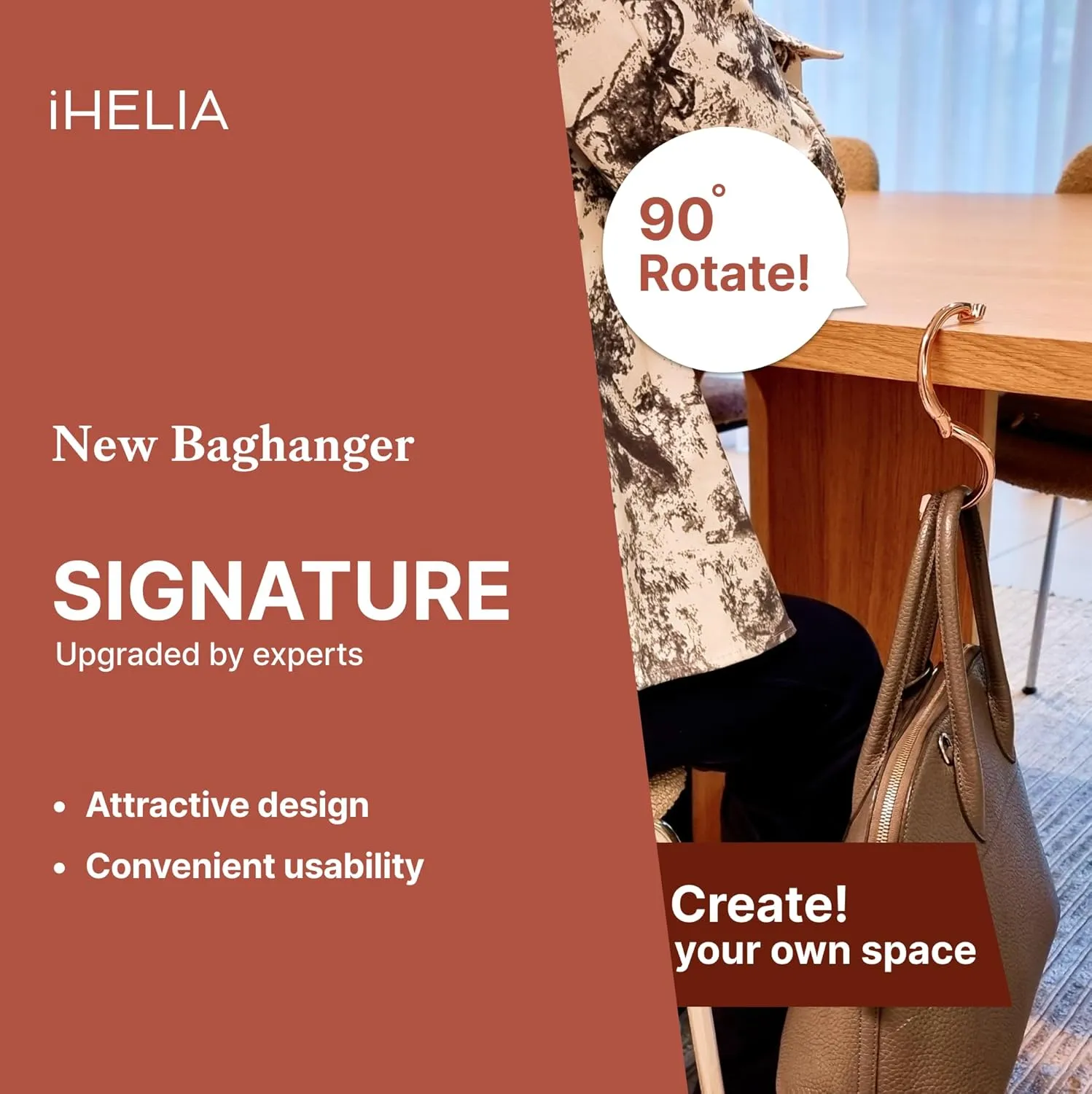 Purse Hook Hanger for Table (Signature) - Premium Bag Holder w/ 90, 180 Degree Rotatable Function Design (Champagne Gold)