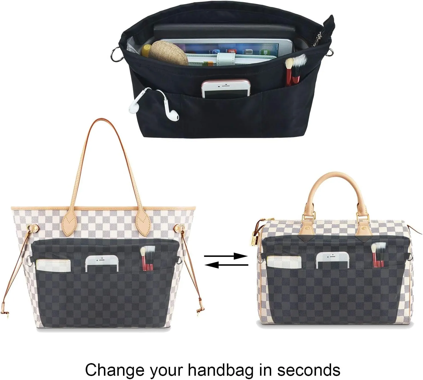 Purse Organizer Insert for Handbags, Nylon Tote Bag Organizer Insert Zipper Bag for Women Black X-Large
