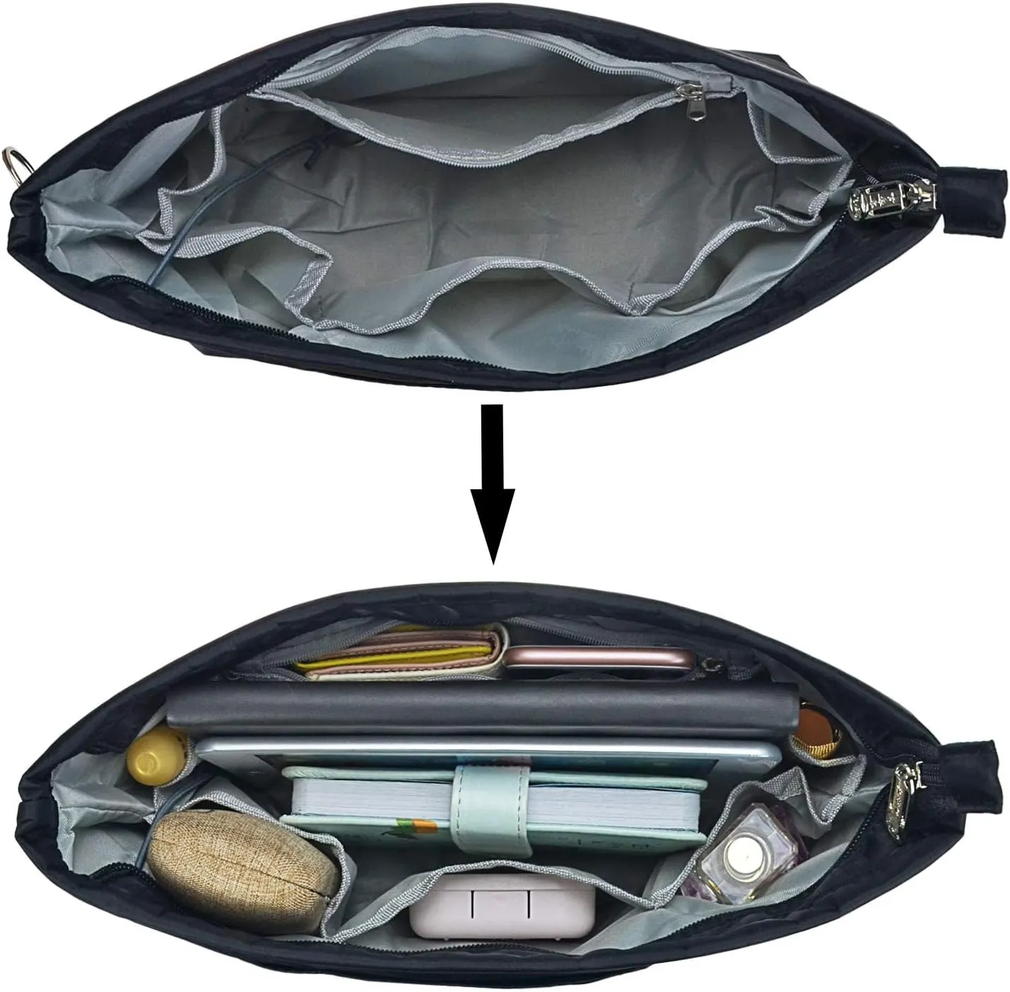 Purse Organizer Insert for Handbags, Nylon Tote Bag Organizer Insert Zipper Bag for Women Black X-Large