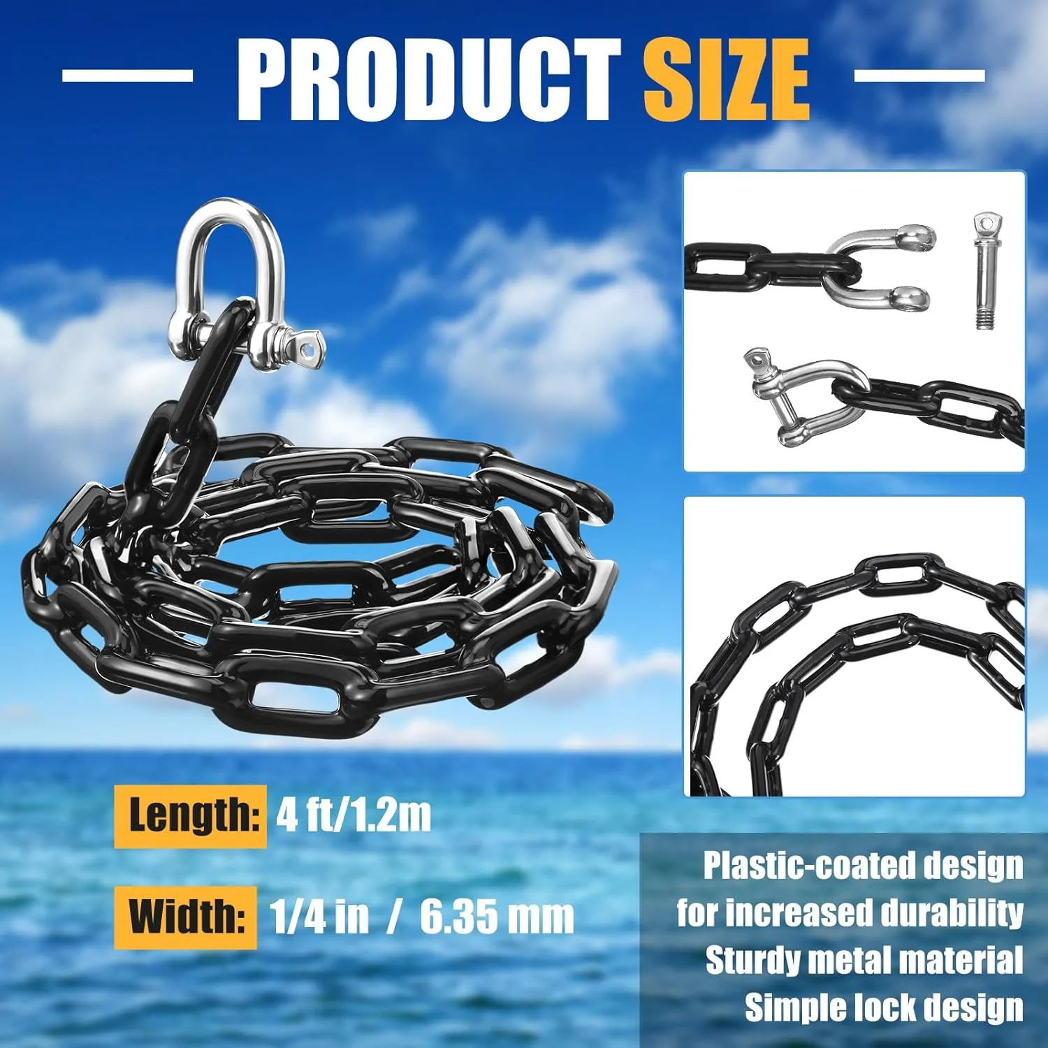 PVC Coated Boat Anchor Chain 1/4 Inch x 4 ft or 5 ft Anchor Chain for Boats with Stainless Steel Shackles Boat Safety for Kayak