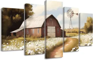 QLMDYJSW 5 Pcs Barn Wall Art Rustic Farmhouse Decor Old Barn Pictures Retro Flower Field Meadow Windmill Posters Prints Landscape Painting Kitchen Decor (Brown, (10x16inx2 10x20inx2 10x24inx1))