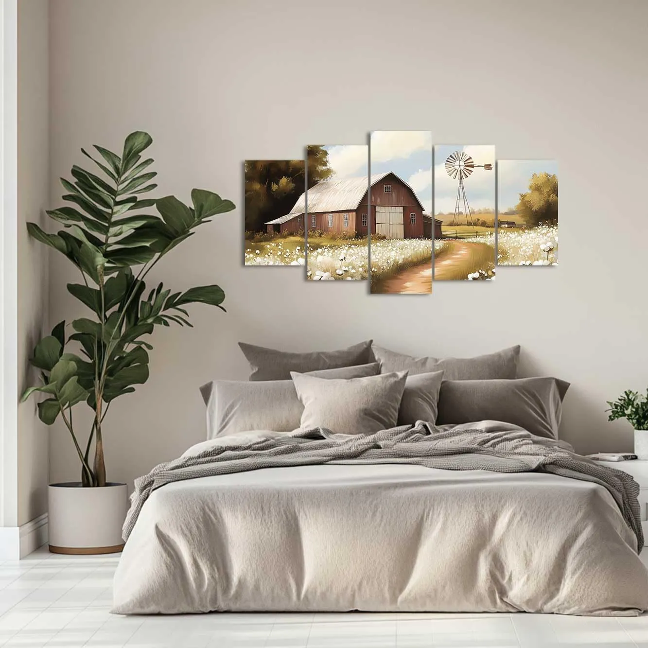 QLMDYJSW 5 Pcs Barn Wall Art Rustic Farmhouse Decor Old Barn Pictures Retro Flower Field Meadow Windmill Posters Prints Landscape Painting Kitchen Decor (Brown, (10x16inx2 10x20inx2 10x24inx1))
