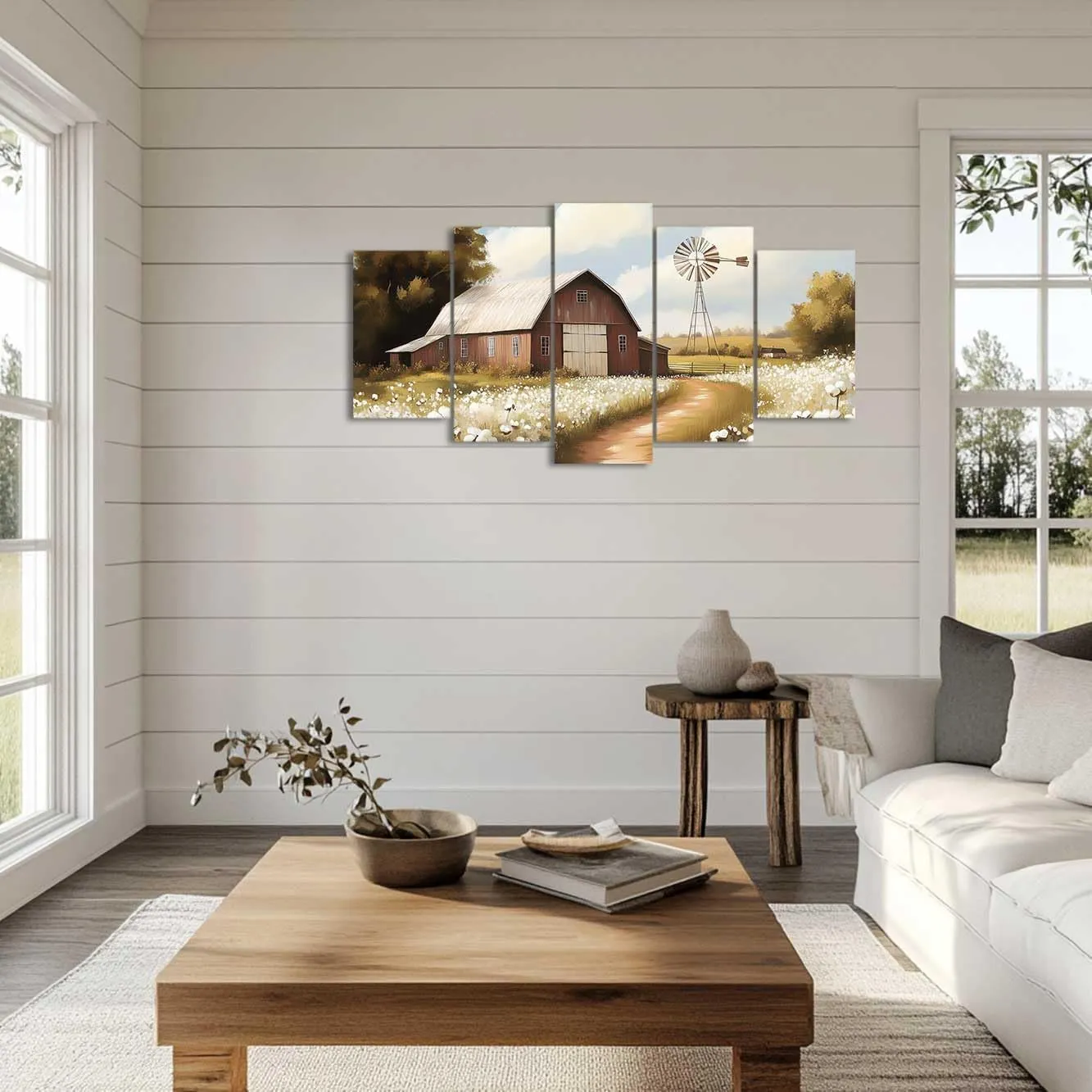 QLMDYJSW 5 Pcs Barn Wall Art Rustic Farmhouse Decor Old Barn Pictures Retro Flower Field Meadow Windmill Posters Prints Landscape Painting Kitchen Decor (Brown, (10x16inx2 10x20inx2 10x24inx1))