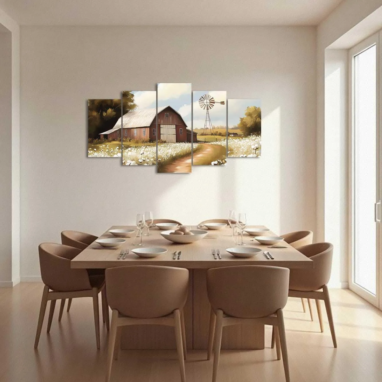 QLMDYJSW 5 Pcs Barn Wall Art Rustic Farmhouse Decor Old Barn Pictures Retro Flower Field Meadow Windmill Posters Prints Landscape Painting Kitchen Decor (Brown, (10x16inx2 10x20inx2 10x24inx1))