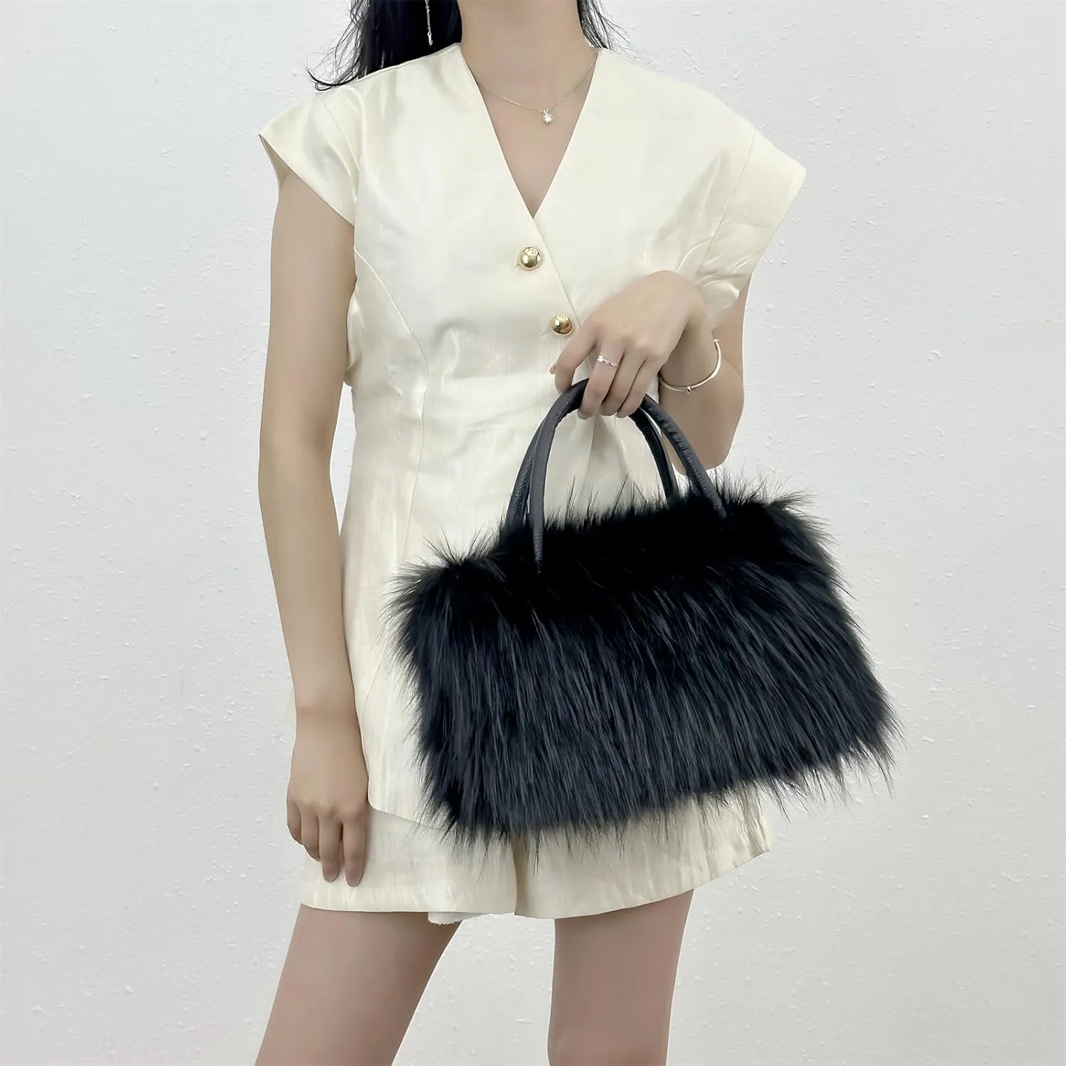 QMFUR Women's Shoulder Handbags Furry Fluffy Fuzzy Faux Fur Tote Bag Satchel Handles Handbag
