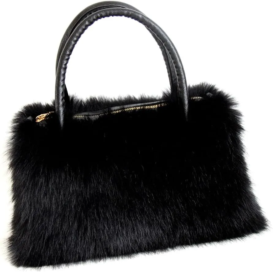 QMFUR Women's Shoulder Handbags Furry Fluffy Fuzzy Faux Fur Tote Bag Satchel Handles Handbag