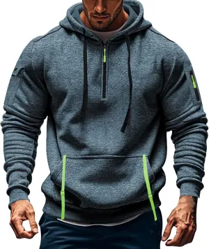 Quarter Zip Pullover Top for Men Tactical Cargo Hoodies Casual Long Sleeve Workout Hipster Athletic Hooded Sweatshirt