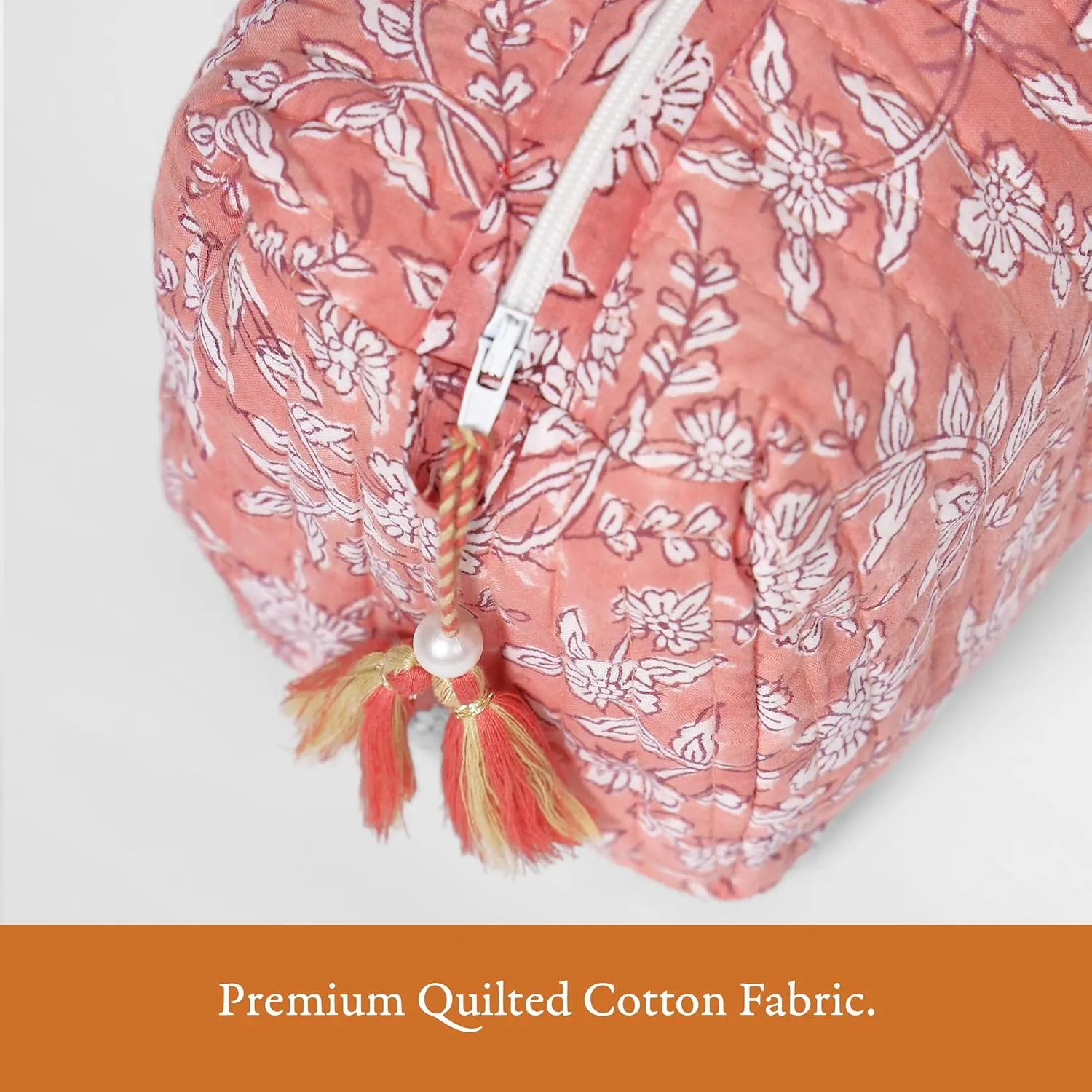 Quilted Floral Makeup Bag Set – Coral Flowers Pattern 3 Sizes, Waterproof Lining, Make Up Travel Cosmetic & Toiletry Bags For Traveling Women