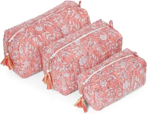 Quilted Floral Makeup Bag Set – Coral Flowers Pattern 3 Sizes, Waterproof Lining, Make Up Travel Cosmetic & Toiletry Bags For Traveling Women