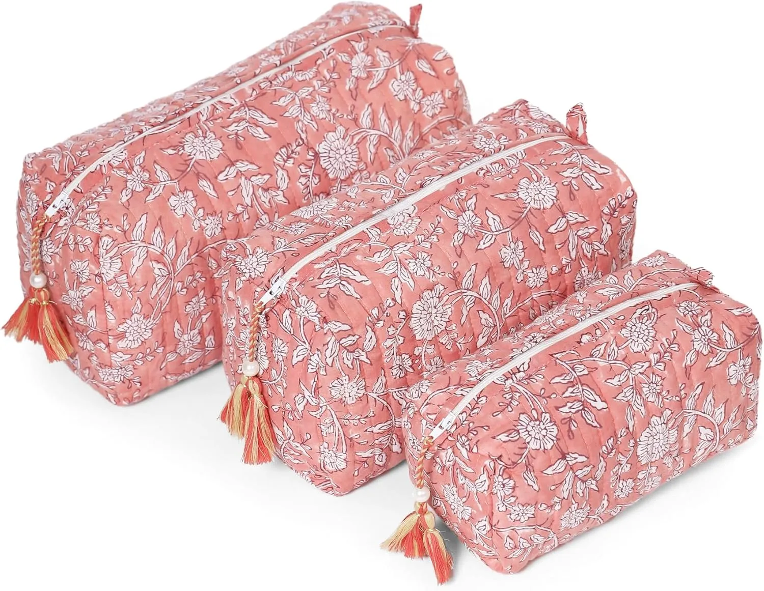 Quilted Floral Makeup Bag Set – Coral Flowers Pattern 3 Sizes, Waterproof Lining, Make Up Travel Cosmetic & Toiletry Bags For Traveling Women