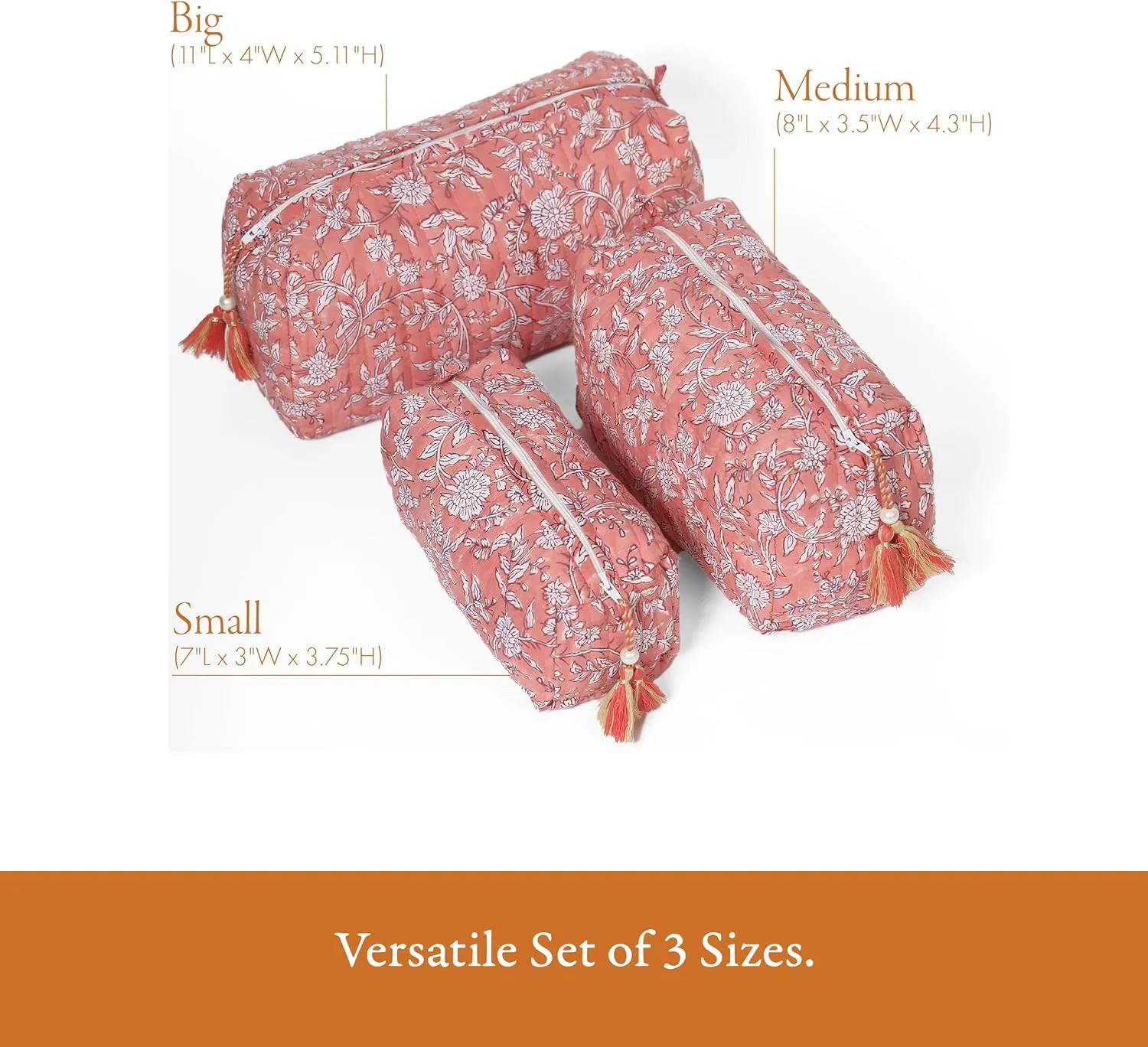 Quilted Floral Makeup Bag Set – Coral Flowers Pattern 3 Sizes, Waterproof Lining, Make Up Travel Cosmetic & Toiletry Bags For Traveling Women