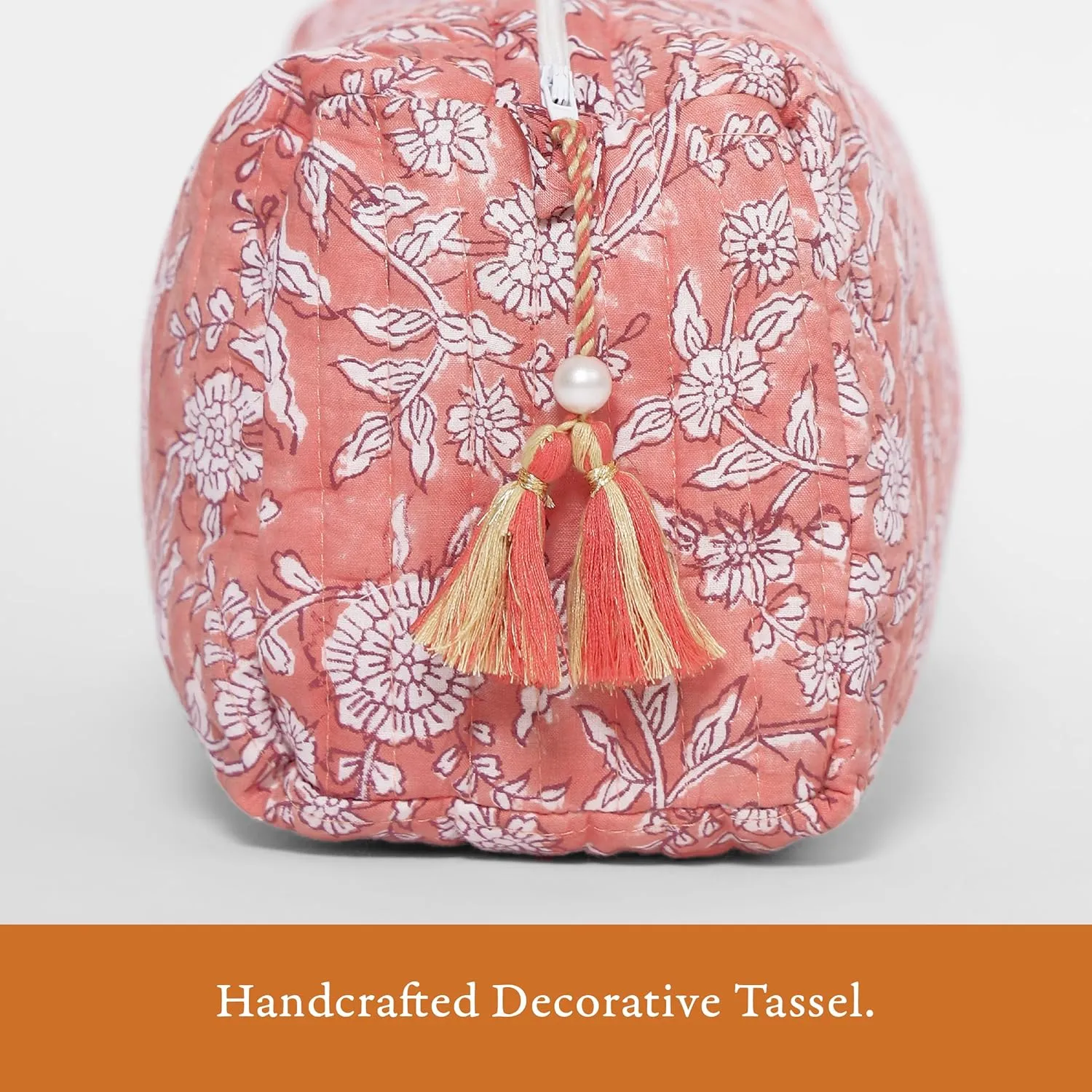 Quilted Floral Makeup Bag Set – Coral Flowers Pattern 3 Sizes, Waterproof Lining, Make Up Travel Cosmetic & Toiletry Bags For Traveling Women