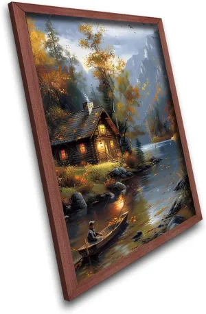 QZOTRXI Fall Forest Wall Art Prints,Autumn Lakeside Cabin Fishing Wall Decor Vintage Autumn Landscape Wooden Prints Art for Desk Bathroom Wall Decor