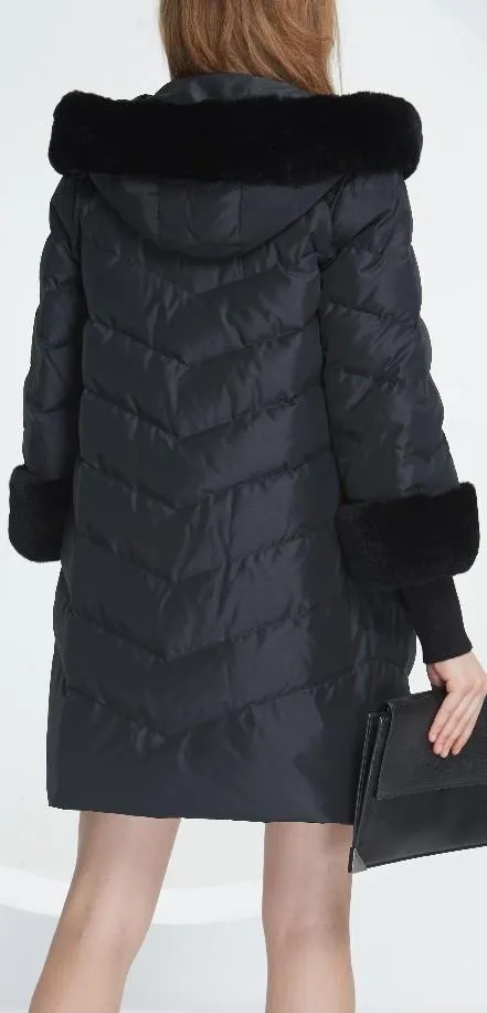 Rabbit Fur-Trimmed Puffer Down Coat, Black