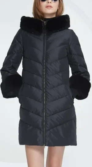 Rabbit Fur-Trimmed Puffer Down Coat, Black