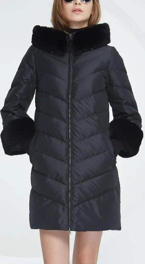 Rabbit Fur-Trimmed Puffer Down Coat, Black