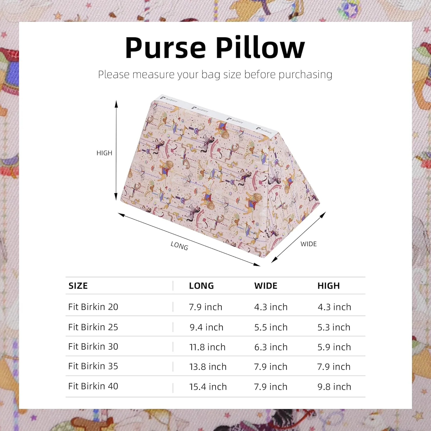 Rayon Purse Pillow Shaper Insert, unique pattern handbag shapers, Memory Foam, for Birkin 25/30/35/40 bags (BK30,Circus(Pink))