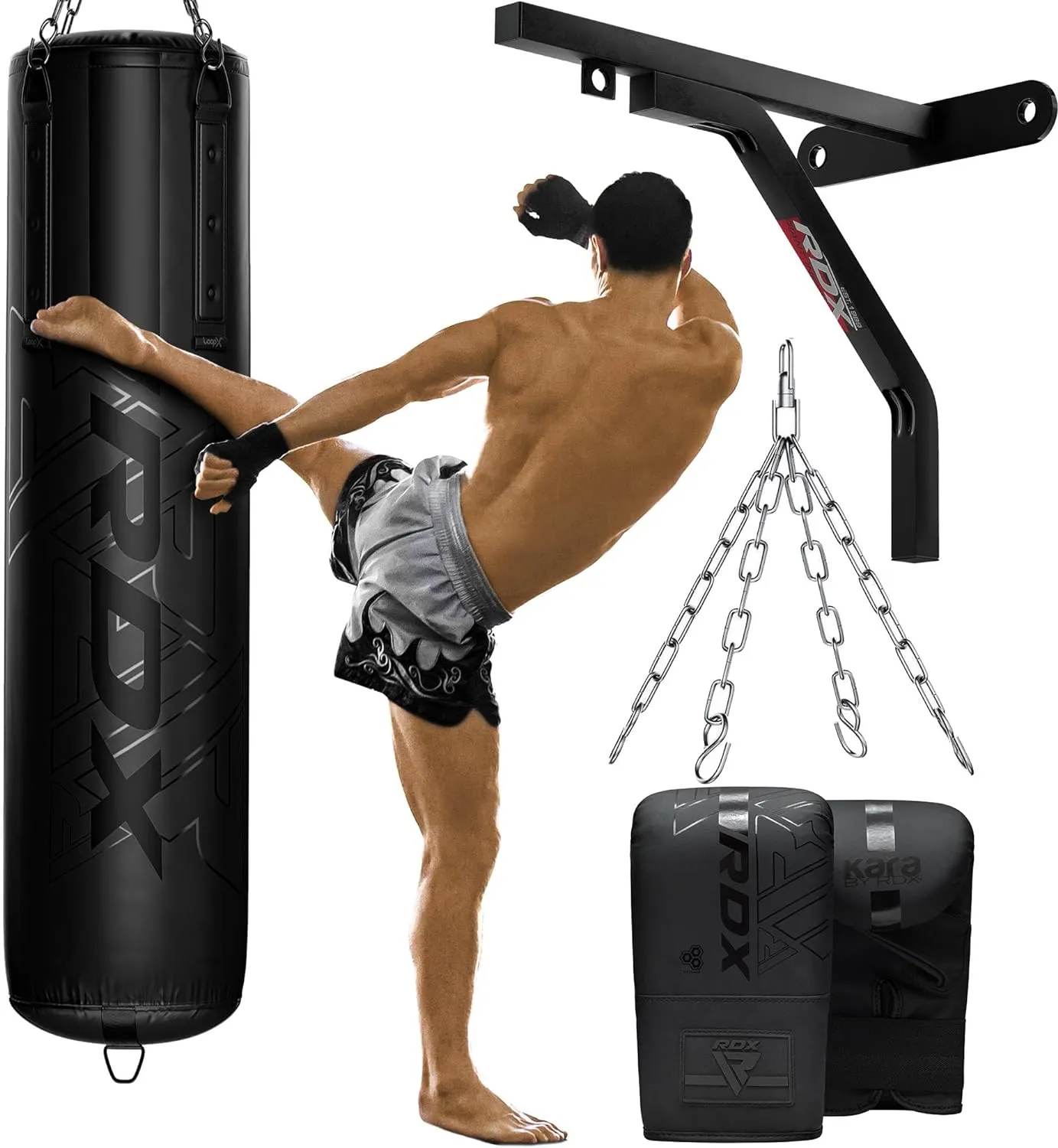 RDX Heavy 5FT Punching Bag for Pro Training, 55lbs Pre Filled with 110lbs Max Capacity, 4PC Boxing Bag Set with Wall Bracket Gloves Hanging Steel Chain, Kickboxing MMA Muay Thai BJJ Home Gym Fitness