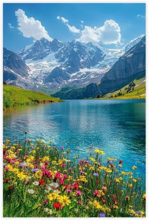 Realistic Alpine Landscape Canvas – Wildflower Field And Lake Art Print, Colorful Rustic Wall Decor for Living Room Or Cabin Poster Canvas Artwork Prints Rustic Farmhouse Decorations for Living Room B