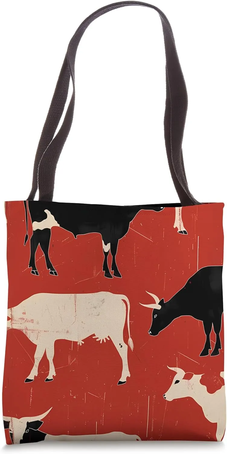 Red Art Deco Geometric Cows Ranch Pasture Rustic Farm Tote Bag