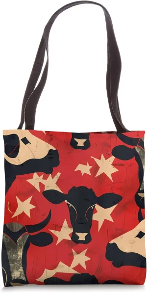 Red Art Deco Geometric Cows Ranch Pasture Rustic Farm Tote Bag