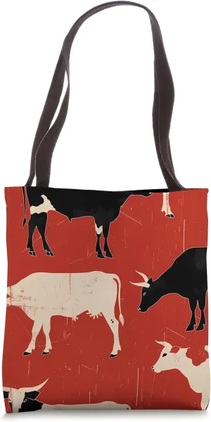 Red Art Deco Geometric Cows Ranch Pasture Rustic Farm Tote Bag
