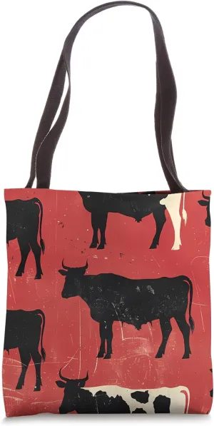 Red Art Deco Geometric Cows Ranch Pasture Rustic Farm Tote Bag