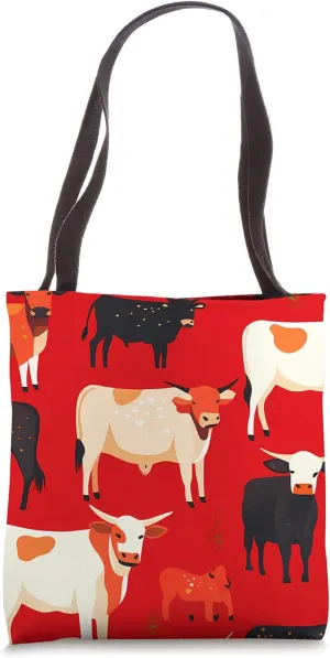 Red Art Deco Geometric Cows Ranch Pasture Rustic Farm Tote Bag
