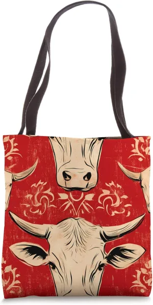 Red Art Deco Geometric Cows Ranch Pasture Rustic Farm Tote Bag