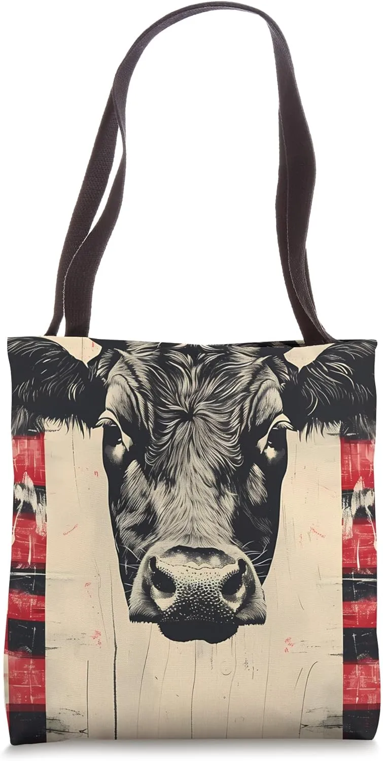 Red Vintage Checkered Cows Ranch Pasture Rustic Farm Art Tote Bag